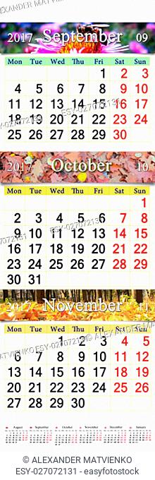 September, October and November of 2017 with colored pictures in form of calendar