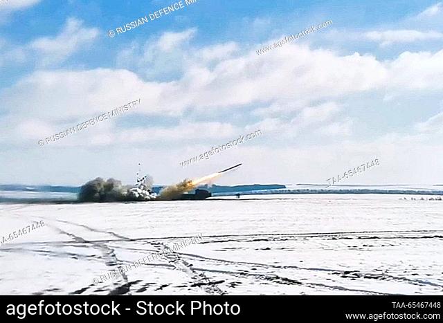 DECEMBER 3, 2023: A Tornado-S multiple rocket launcher crew of a guards rocket artillery brigade of the Russian Western Military District performs a combat task...