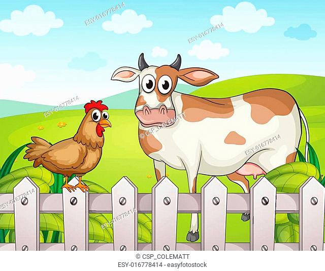 A cow, a hen and a beautiful landscape, Stock Vector, Vector And Low Budget  Royalty Free Image. Pic. ESY-016778414 | agefotostock