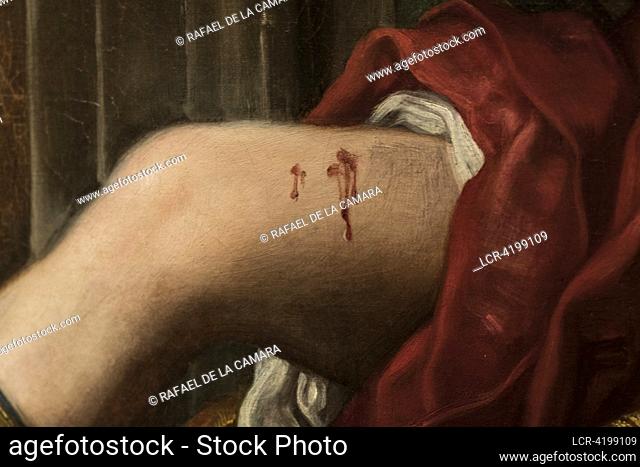 (NO SALE OR LICENSE FOR MUSEUMS AND PUBLIC EXHIBITIONS) ELISABETTA SIRANI WITH WOUNDING HER THIGH (1664) DETAILS EXHIBITION MAESTRAS THYSSEN BORNENISZA NATIONAL...