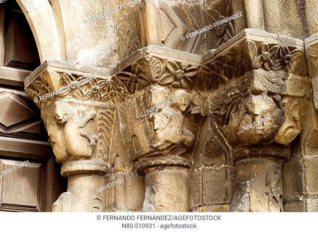 Capitals, romanesque main front of Santa Maria de la Oliva church, Villaviciosa. Asturias, Spain