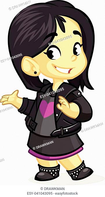 Cute little girl with black hair dressed in black smiling and presenting,  Stock Vector, Vector And Low Budget Royalty Free Image. Pic. ESY-041043095  | agefotostock