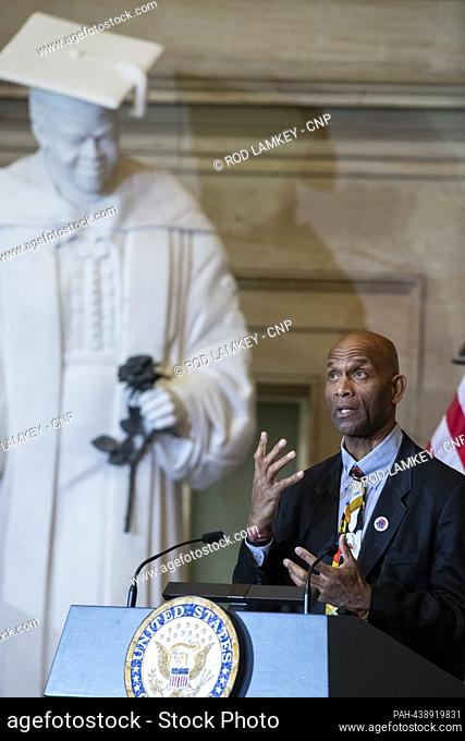 In the shadow of a statue of Mary McLeod Bethune, Larry Doby, Jr., talks about his dad Larry Doby, during a Congressional Gold Medal Ceremony in his honor in...