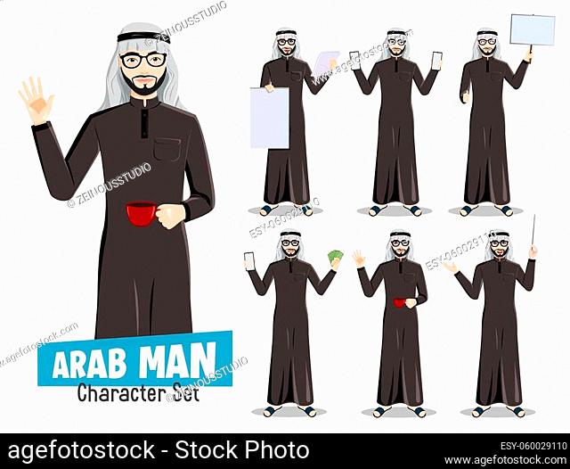 Arab man saudi vector character set. Arabian professional male businessman characters holding coffee, money and white board for arabic cartoon collection design