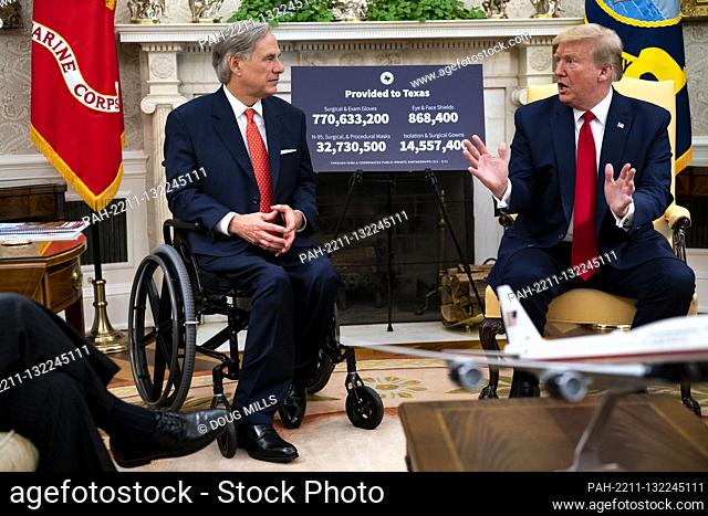 United States President Donald J. Trump makes remarks as he meets with Governor Greg Abbott (Republican of Texas) in the Oval Office of the White House in...