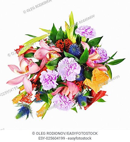 colorful floral bouquet from roses, cloves and orchids isolated on white background