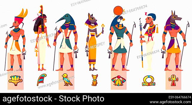 Set of ancient Egyptian gods and goddesses. Vector flat characters of Egypt mythology, myth Cairo statues. Ra, Bastet, Maat, Thoth