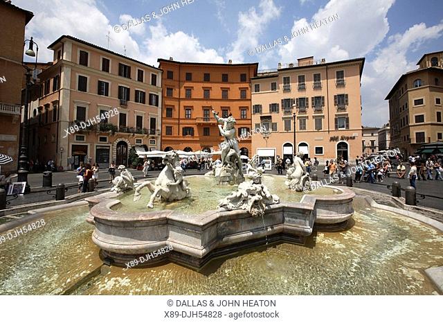 Italy, Lazio, Rome, Navona Square, Piazza Navona, Neptune Fountain by Bernini