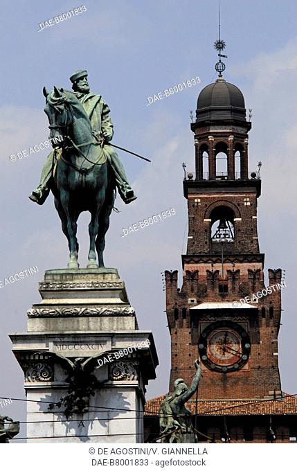 Equestrian monument to Giuseppe Garibaldi, 1894, by Ettore Ximenes and architect Augusto Guidini, with the Sforzesco Castle in the background, Piazza Cairoli