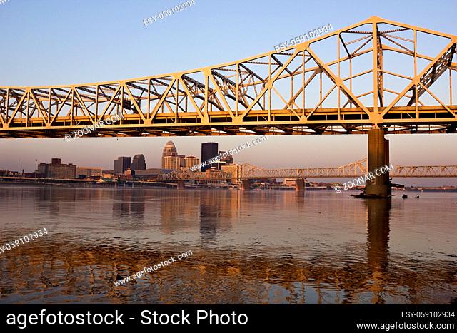 Sunrise colors on the bridge in Louisville, Kentucky
