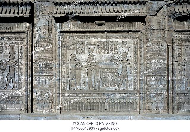 Dendera Egypt, ptolemaic temple dedicated to the goddess Hathor. Carvings on external wall of the mammisi