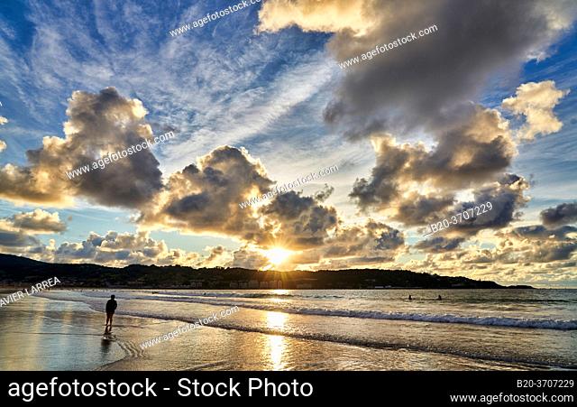 Sunset, Beach, Hendaye, Aquitaine, Pyrenees Atlantiques, France, Europe
