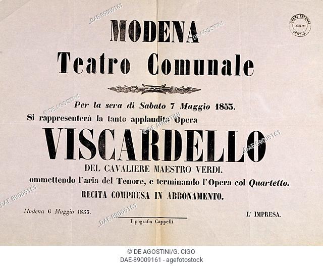 Playbill of Viscardello (Rigoletto) of the Teatro comunale of Modena, May 7, 1853, opera by Giuseppe Verdi (1813-1901)