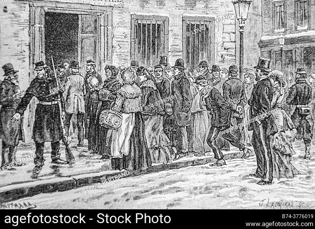 siege de paris, queue in front of municipal canteens, 1861-1875, history of france by henri martin, editor furne 1880