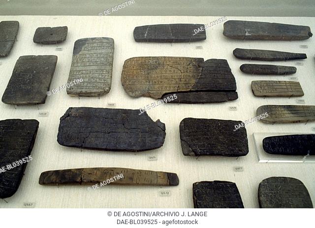 Clay tablets with writing in Linear B, from the Palace of Nestor in Pylos, Greece. Mycenaean civilisation, 13th century BC