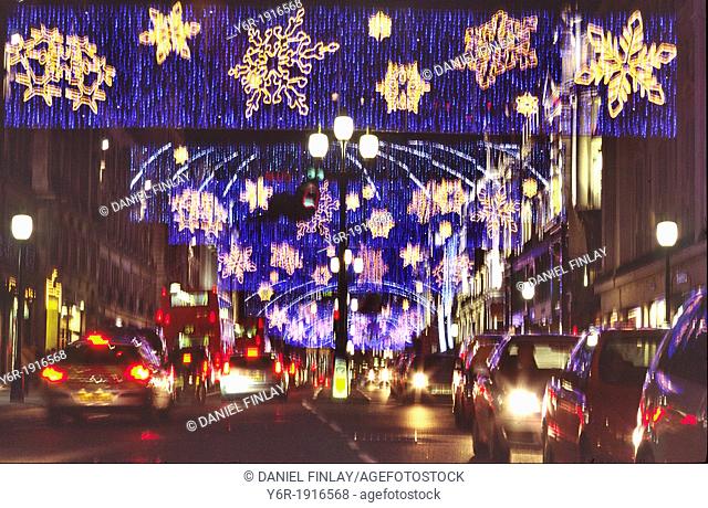 Colourful Christmas lights blur seen in Regent Street in the heart of London, England, during the Xmas season