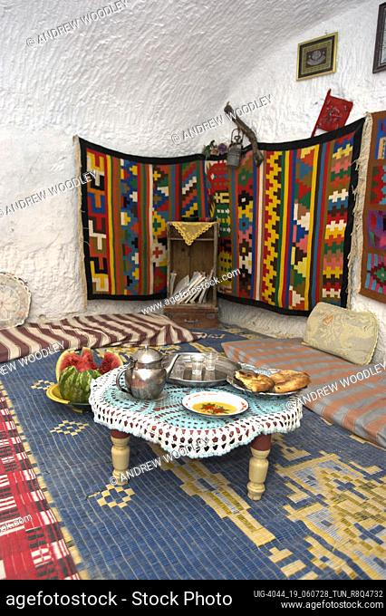 Meal set on low table troglodyte house Matmata Tunisia