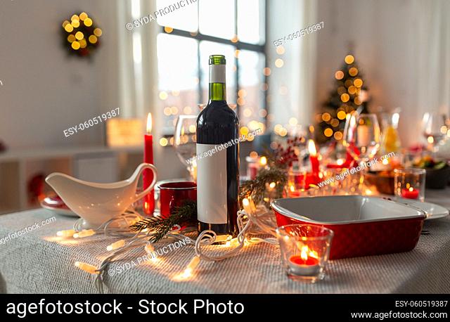 bottle of wine on table served for christmas party