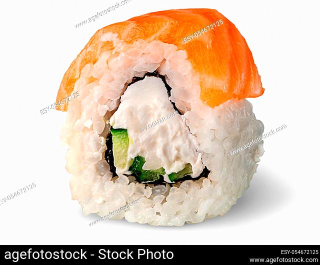 Single piece of sushi roll of Philadelphia rotated isolated on white background