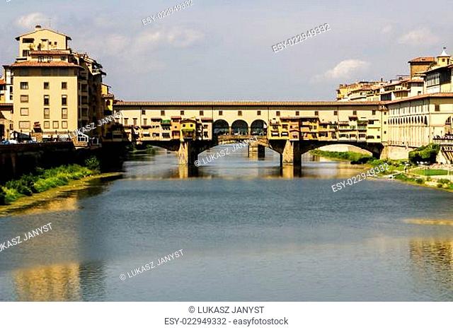 Houses, Arno River and Ponte Vecchio bridge of Florence, Tuscany, Italy