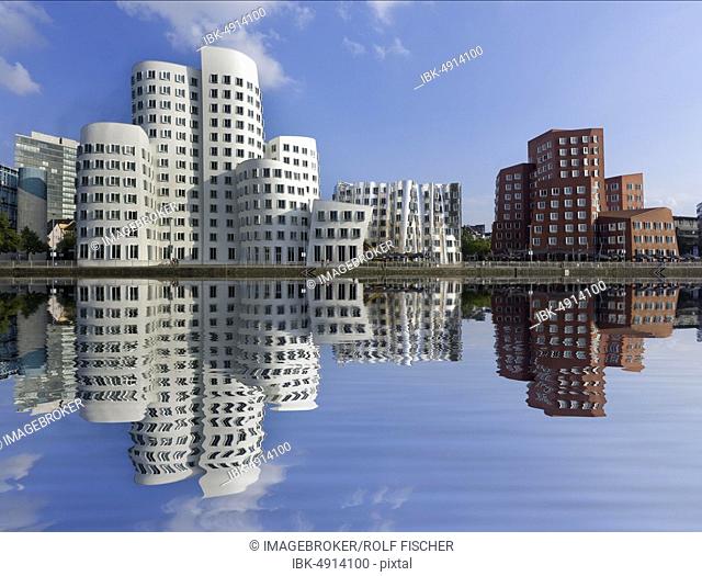 Gehry Buildings, Reflection in the Media Harbour, Neuer Zollhof, Düsseldorf, Germany, Europe