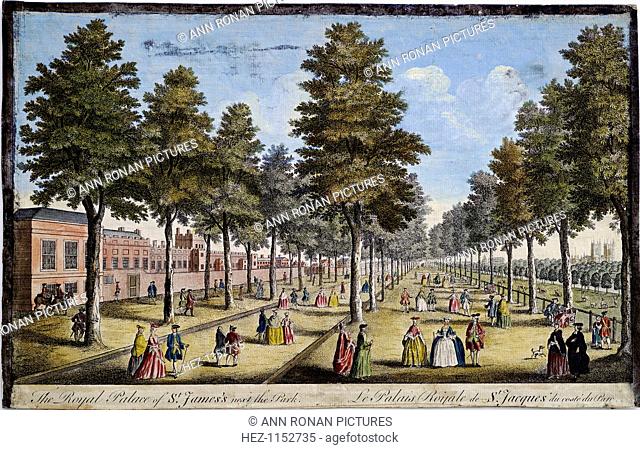 St James' Palace and Park, London, showing formal planting of trees in avenues, 1750. Men and women take the air and saunter along the walks in conversation