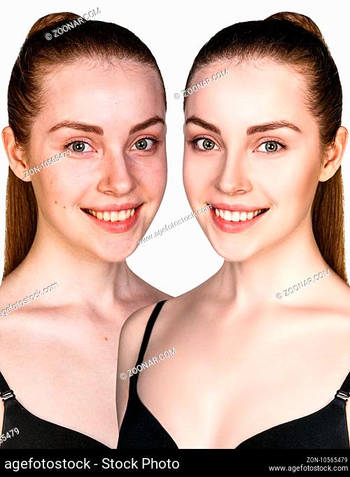 Comparison portrait of young woman before and after retouch