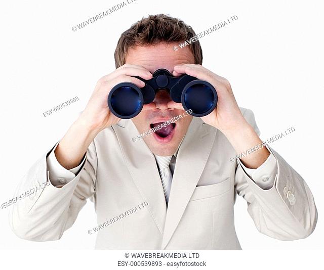 Surprised businessman looking to the future against a white background