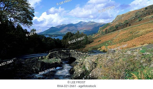 Looking towards Derwent Water and the Skiddaw hills from Ashness Bridge, Lake District National Park, Cumbria, England, United Kingdom, Europe