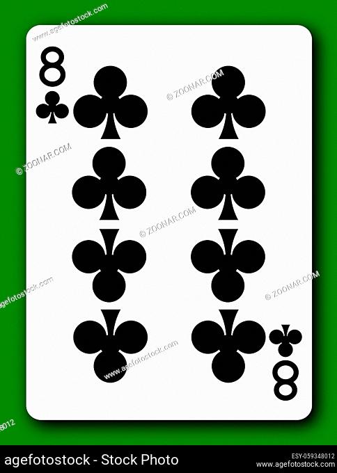 An 8 Eight of Clubs playing card with clipping path to remove background and shadow 3d illustration