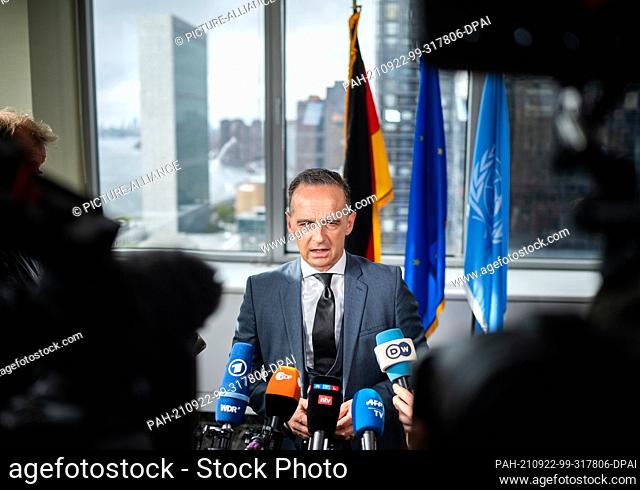 22 September 2021, US, New York: Heiko Maas (SPD), Foreign Minister, speaks during a press statement before a hybrid meeting of the foreign ministers of the...