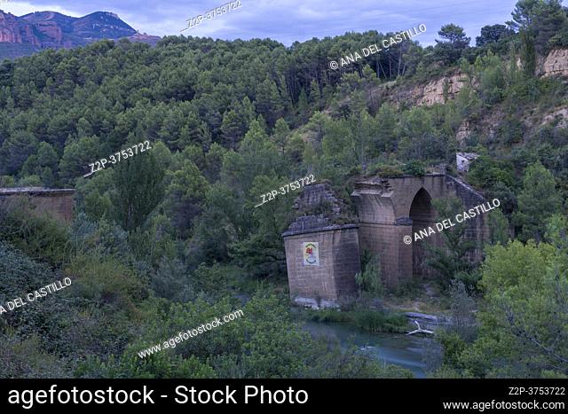 Destroyed Bridge over the River Gallego in the Murillo de Gallego Huesca Aragon Spain on August 18, 2020
