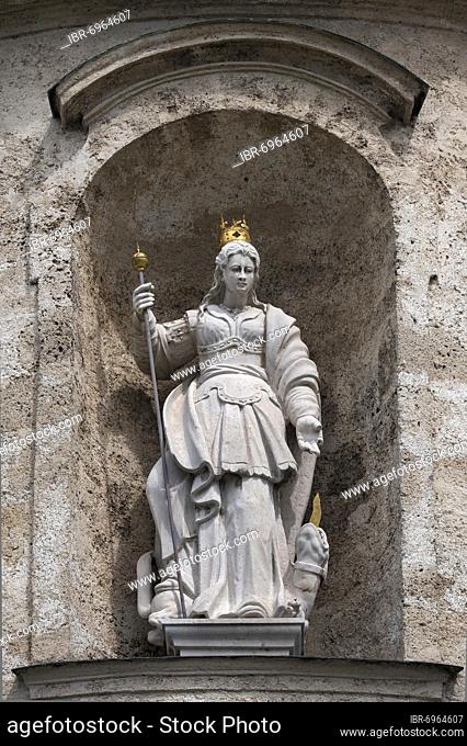 Figure of the Virgin Mary above the entrance gate, St. Margarethen Monastery Church, Baumburg Monastery, Altenmarkt, Upper Bavaria, Bavaria, Germany, Europe