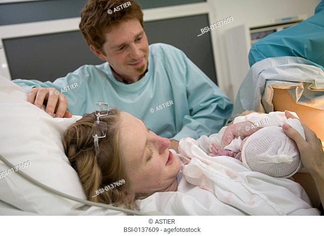 Photo essay at the maternity of Saint-Vincent de Paul hospital, Lille, France. Labor delivery recovery room. Natural delivery of girl twins