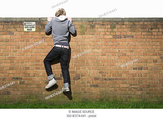 Teenage boy climbing wall