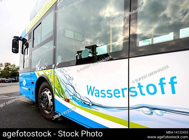 muenster, north rhine-westphalia, germany hydrogen bus in regular service fills up with h2 hydrogen at a mobile h2 hydrogen filling station