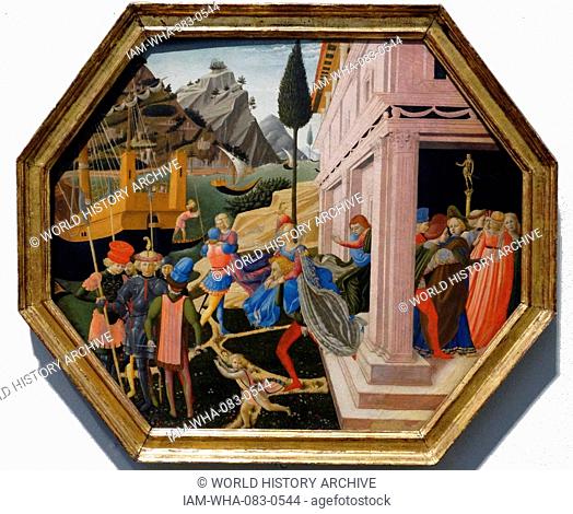 Painting titled 'The Abduction of Helen' by Zanobi Strozzi (1412-1468) an Italian painter and manuscript illuminator. Dated 15th Century