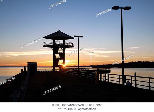 Sunrise at Port Angeles City Pier Observation Tower - Port Angeles, Washington, USA