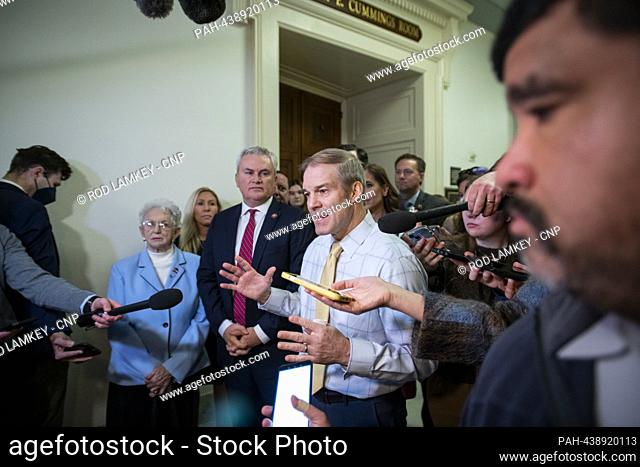 United States Representative Jim Jordan (Republican of Ohio), Chair, US House Committee on the Judiciary, center, offers remarks prior to a House impeachment...
