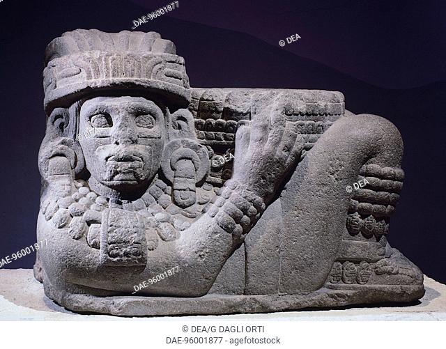 Tipical Chac-Mool sculpture in basalt, artifact originating from Mexico. Pre-Colombian Mexican Civilization.  Mexico City