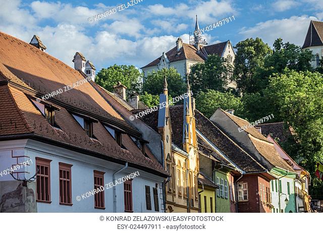 Houses and School on the Hill in Sighisoara town in Romania
