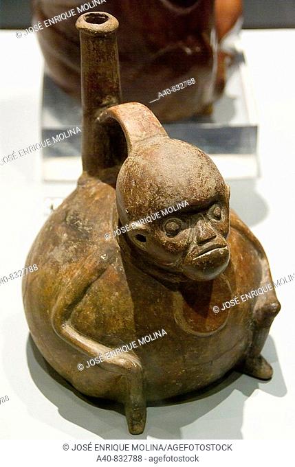 Ecuador. Guayaquil city. Museum of Anthropology and contemporary Art ( MAAC ). Pre-columbian art. Pottery-whistle representation of a monkey in ceramic
