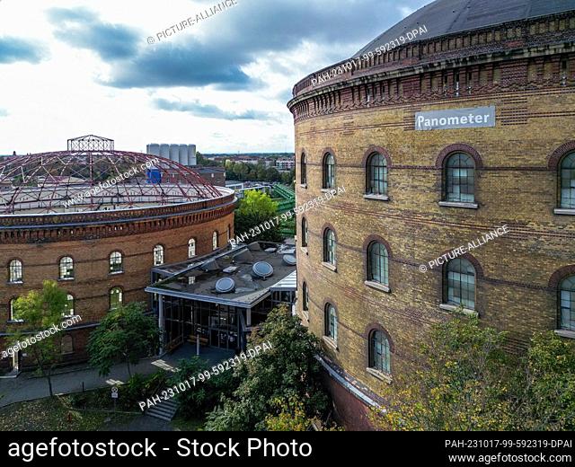 16 October 2023, Saxony, Leipzig: The neologism ""Panometer"" is attached to a gasometer used for huge panoramas. In 2003