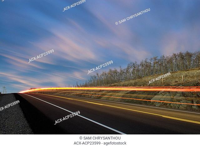 Highway and tail lights near Cochrane, Alberta, Canada