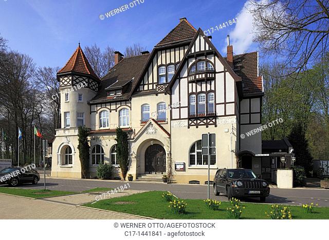 Germany. Herten, Ruhr area, Westphalia, North Rhine-Westphalia, NRW, house Katzenbusch, restaurant, half-timbered, round tower, art nouveau