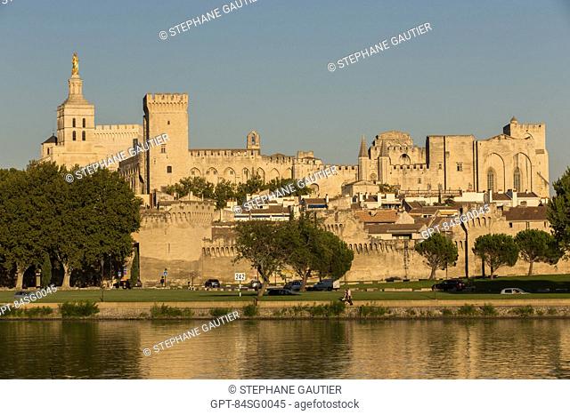 THE BELL TOWER OF THE CATHEDRAL NOTRE DAME DES DOMS, THE POPES' PALACE AND THE CITY WALLS ALONG THE RHONE, CITY OF AVIGNON CALLED CITY OF THE POPES AND LISTED...