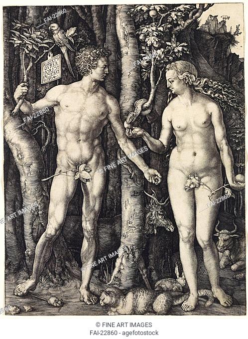 Adam and Eve. Dürer, Albrecht (1471-1528). Copper engraving. Renaissance. 1504. Germany. Rijksmuseum, Amsterdam. 24, 7x19, 1. Bible. Graphic arts