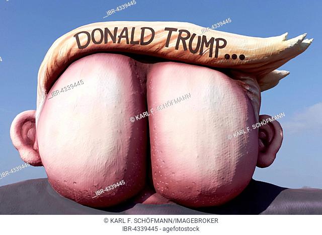 Presidential candidate Donald Trump as an ass with quiff, political caricature by Jacques Tilly, float, Rose Monday parade, Düsseldorf, North Rhine-Westphalia