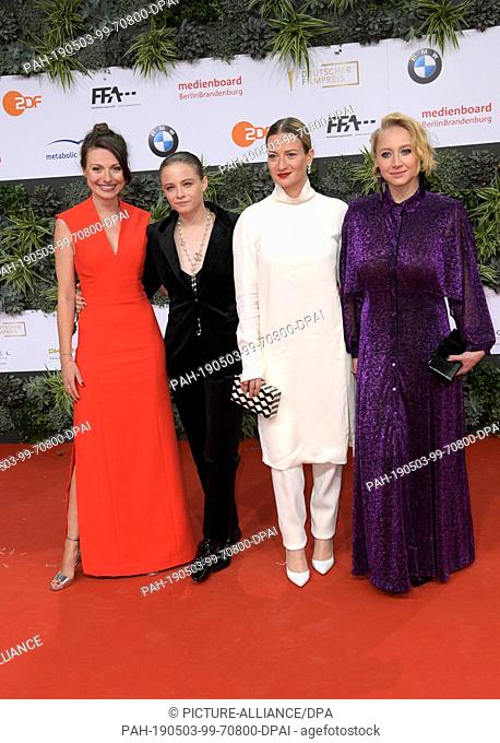 03 May 2019, Berlin: The actresses Julia Hartmann (l-r), Jasna Fritzi Bauer, Nina Gummich and Anna Maria Mühe are awarded the 69th German Film Prize ""Lola""