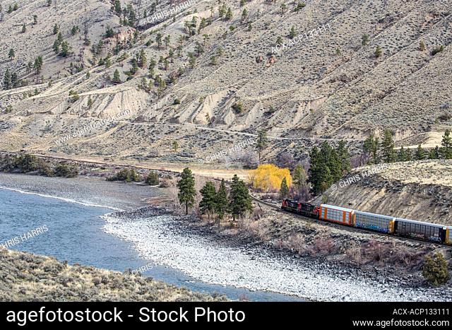 CN & CP rail line, freight train, Thompson River Valley, British Columbia, Canada